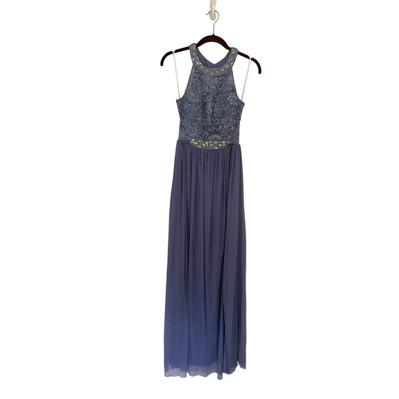 BCX Dresses & Skirts - Periwinkle Blue Lace Sequin Halter Maxi Dress Jeweled Waist Formal Gown